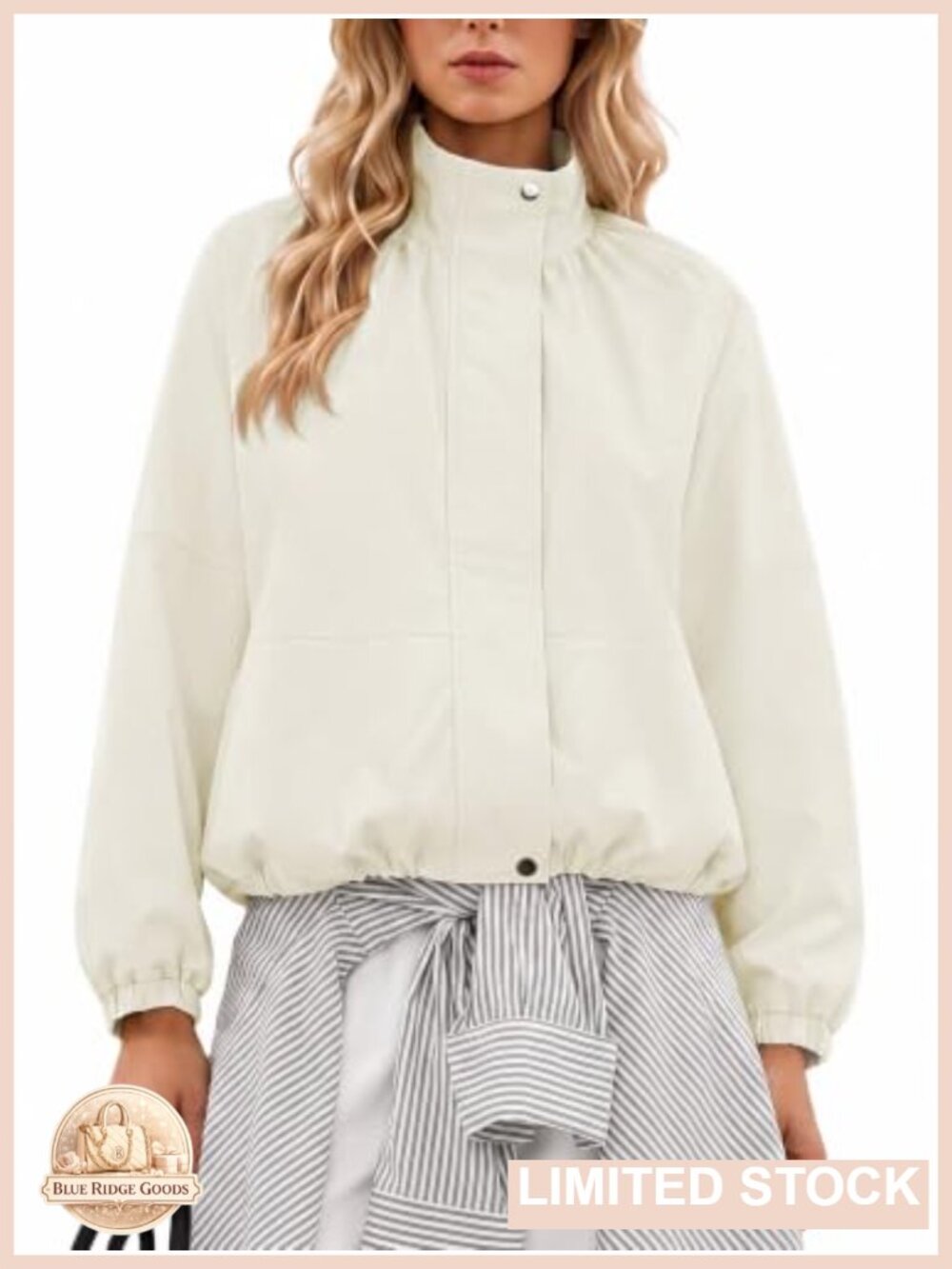 Womens Cropped Bomber Jacket Zip Up Pleated Collar Oversized Lightweight Casual